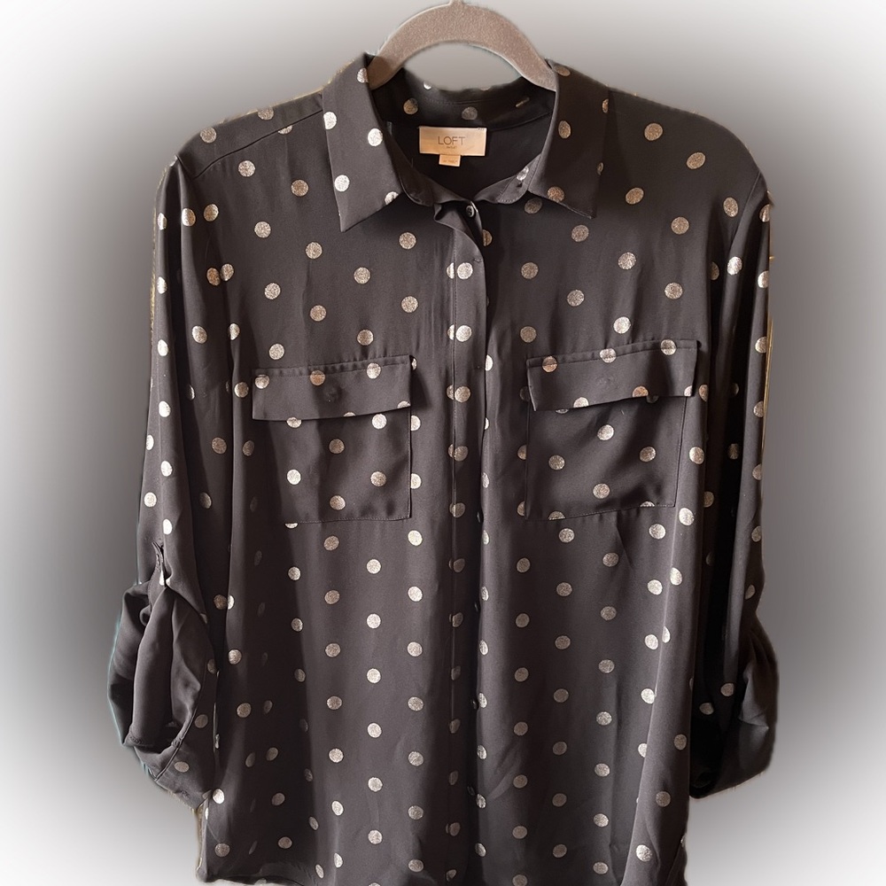 LOFT Outlet Black and Silver Polka Dot Blouse